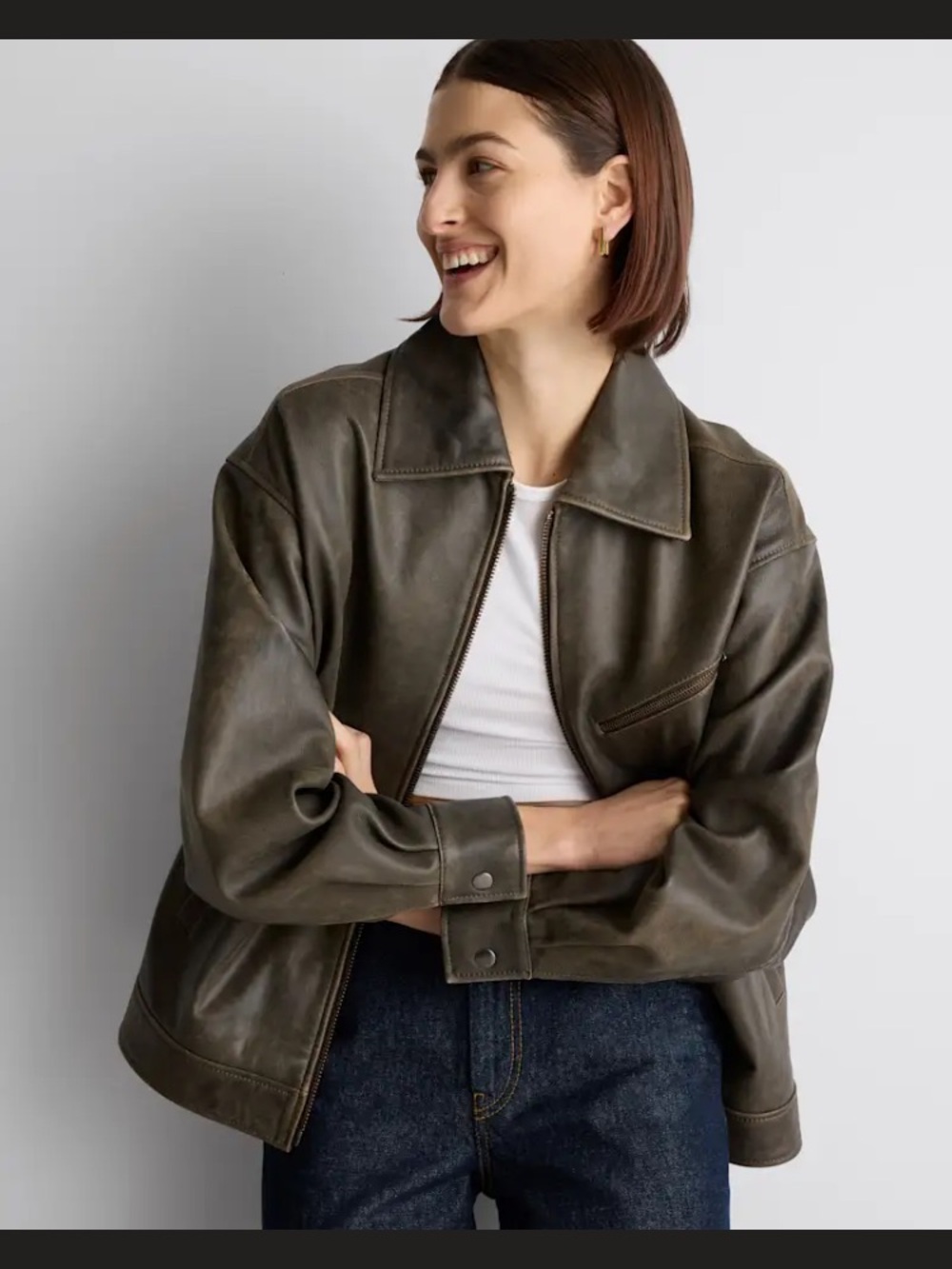 Quince 100% leather, oversized, bomber jacket distressed Brown XL NWT